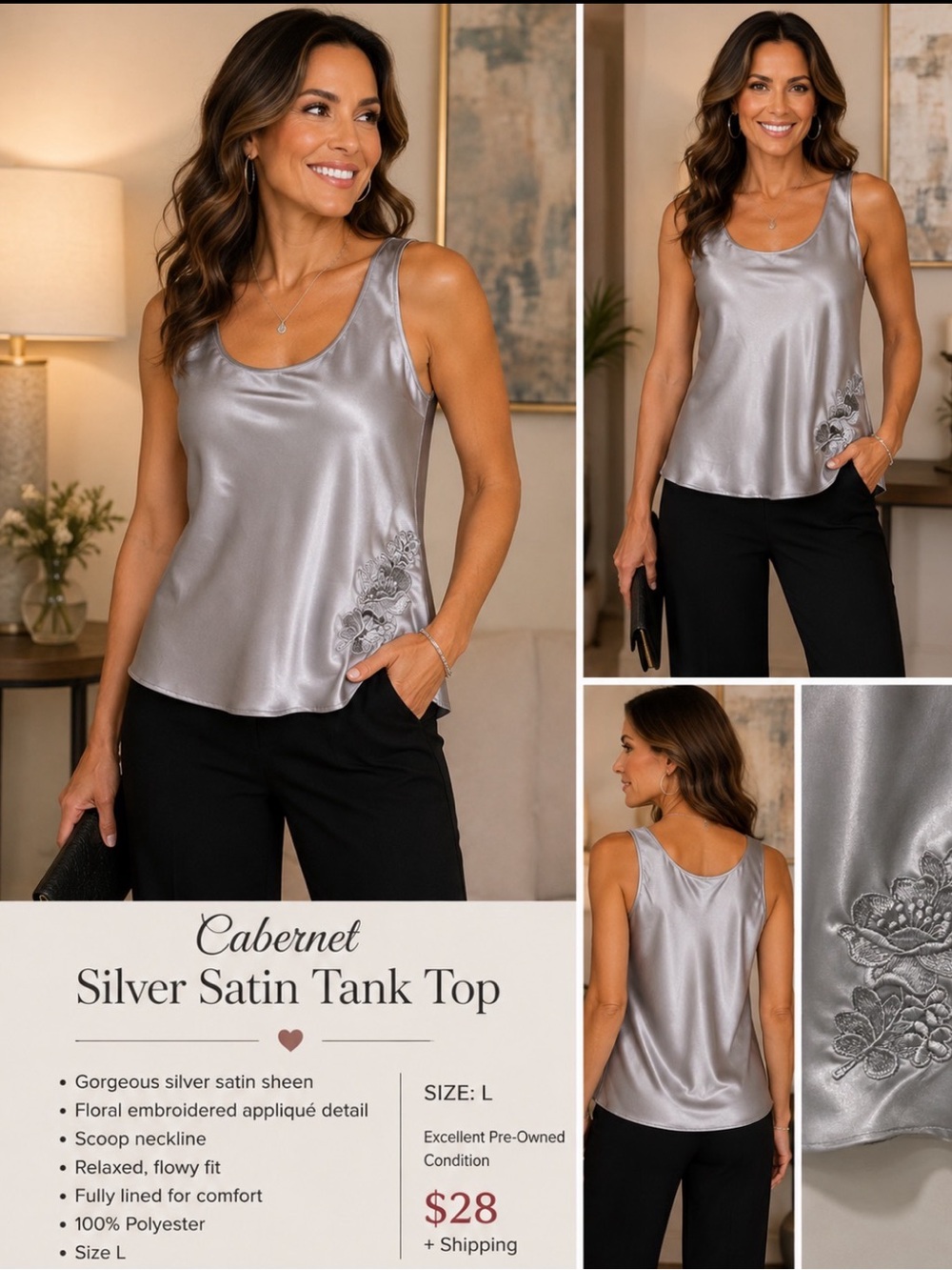 Cabernet Silver Satin Scoop Neck Tank with Floral Appliqué